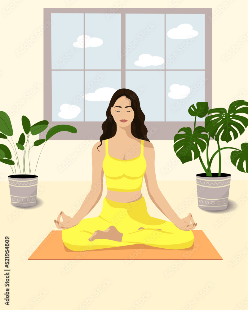 Young woman sitting and meditating in room. Illustration for yoga, meditation, relax Young woman sitting and meditating in room. Illustration for yoga, meditation, relax