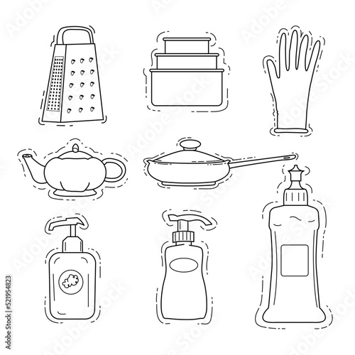 Cute kitchen utensils collection doodle vector