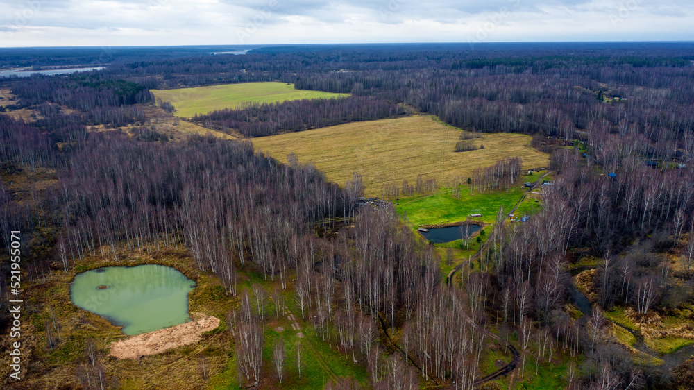Fototapeta premium Aerial view of the countryside, forest and lake in the autumn evening. Aerial view. Colorful aerial landscape of the river coast at sunset in autumn. View from above