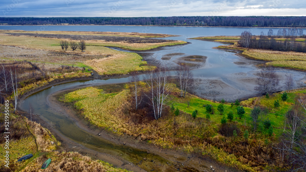Naklejka premium Aerial view of beautiful curving river at sunrise in autumn. View from air. Turns of river, meadows, orange grass, trees at dawn. Colorful aerial landscape of river coast at sunset in fall. Top view