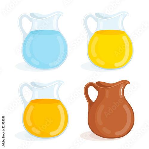 Collection of jugs with juice, water and milk. Set of vector illustrations of glass and ceramic decanters for drinks.
