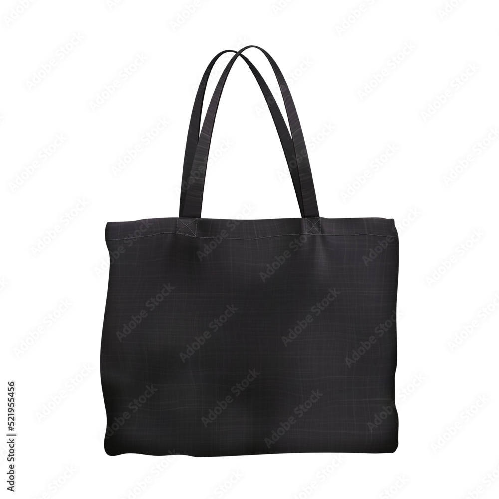 Black blank mockup of cotton tote bag with cloth texture isolated from background. Eco friendly shopper. Zero waste. Vector advertising template. Fabric shopping sack. Totebag with handles