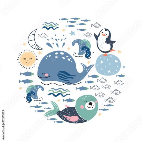 Circular illustration with cute cartoon whales, seals, fish, penguins. Winter background.