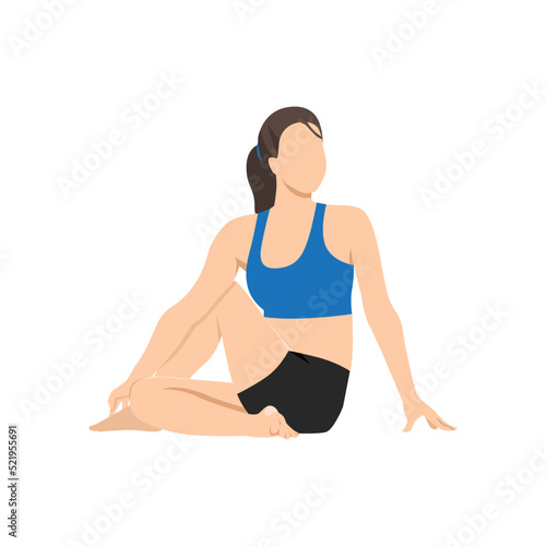 Woman doing Sage Twist Pose Variation Forward Bend, Beautiful girl practice Marichyasana Variation Uttanasana. Flat vector illustration isolated on white background