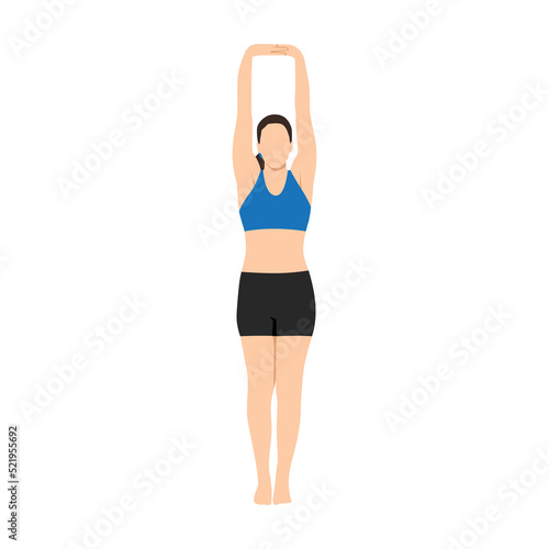 Woman doing Palm Tree Pose, Upward Hand Stretch Pose, Upward Salute, Raised Hands Pose, Tadasana Urdhva Baddhanguliyasana, Urdhva Hastasana. Flat vector illustration isolated on white background