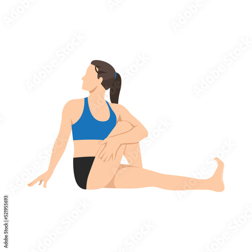 Woman doing Twisted Pose, Beautiful girl practice Vakrasana. Flat vector illustration isolated on white background