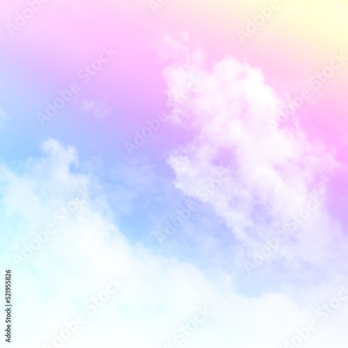 Colorful sky with soft white clouds and the crossing of rainbows. pastel colored magical fantasy background. Sweet Dreams concept for Wallpaper, Backdrops and Design.