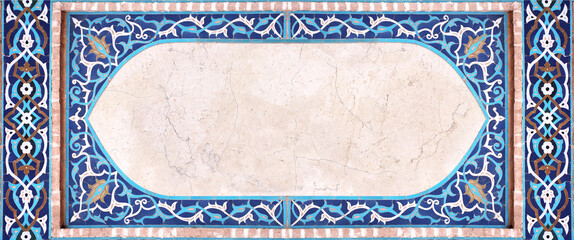 Detail of traditional persian mosaic wall with geometrical and floral ornament, Iran. Horizontal frame with ceramic tile