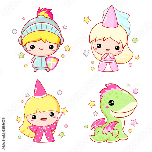 Set of kawaii fairy tale characters. Little princess, knight, fairy and dragon. Cute fairytale collection of funny happy baby characters. Vector illustration EPS8