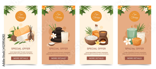 Social media stories and front page cover templates spa collection. Special offer design with exotic flowers, bamboo leaves, cosmetics, aromatherapy. Promotional spa salon branding vector Illustration