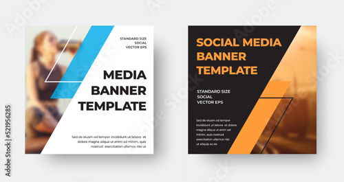 EPS vector web banner template, with diagonal linear color elements, place for photo, square leaflet, for social media.
