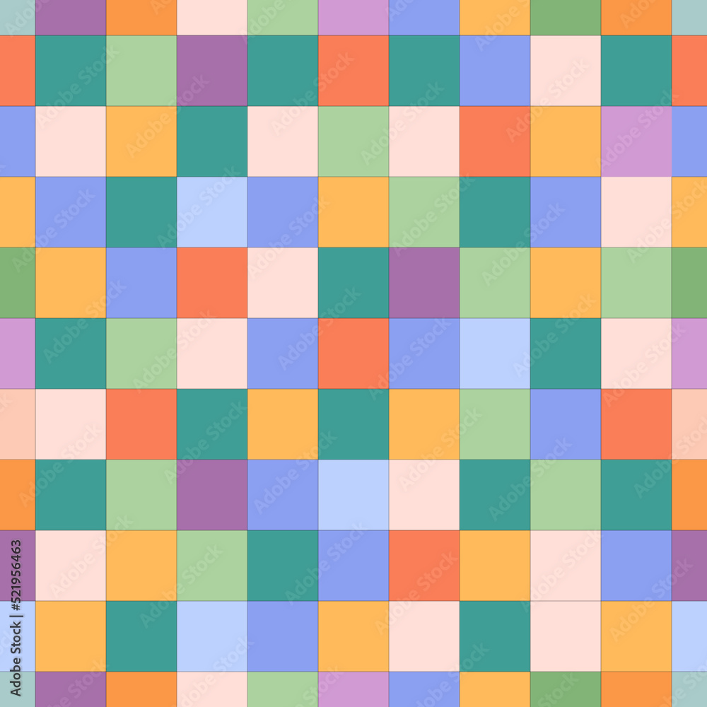 Patrón de cuadrados, cuadros o teselas de colores, en tonos rosa palo, naranja, azul, mostaza, verde, azul, violeta y morado