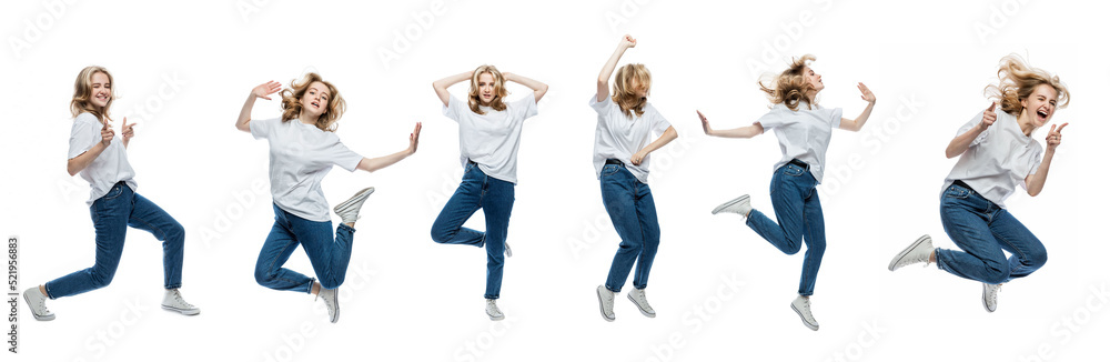 A teenage girl in a white T-shirt and jeans is jumping. Collage, set. Activity, energy and positive. Isolated on white background. Panorama format.