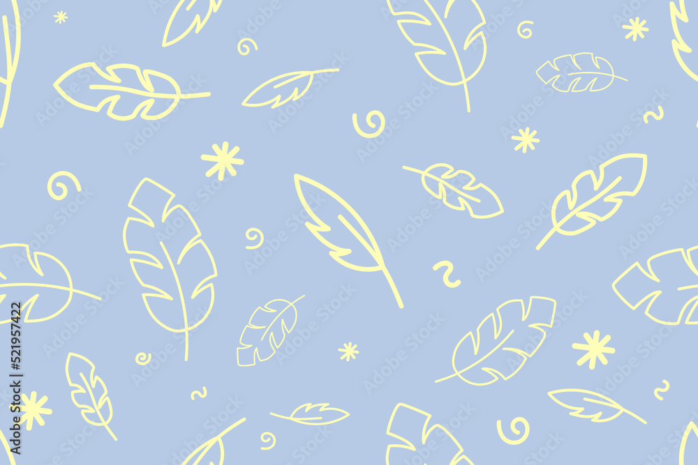 Vector seamless pattern with beige falling feathers on a blue background, doodle style for fabric textile, wrapping Vector seamless pattern with beige falling feathers on a blue background, doodle style for fabric textile, wrapping