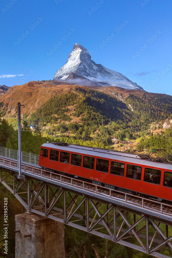 Zermatt, Switzerland. Gornergrat train on bridge