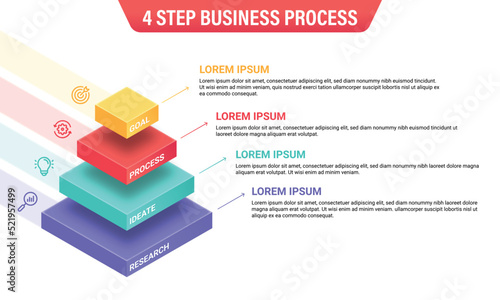 Business process infographic template. 3D cube design with 4 steps. Vector illustration.