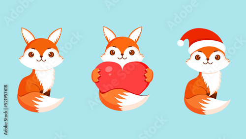 Cartoon cute set of foxes for different holidays: christmas, valentine's day, summer. Vector illustration of a forest red fox on an isolated background. Animal character design.