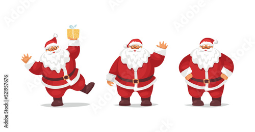 Santa claus fanny icon set, cartoon christmas character. Papa Noel dances with a gift, an angry and cheerful Saint Nicholas. Flat cartoon design, vector isolated on white.