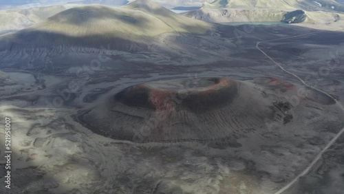 Aerial View Of Crater And Empty Road At Daytime Near Rangarþing Ytra In Iceland. photo