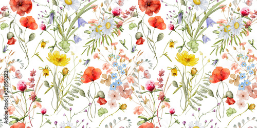 Murais de parede Wild flowers watercolor seamless pattern botanical hand drawn illustration