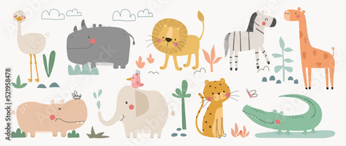 Set of cute animal vector. Friendly wild life with hippo, leopard, crocodile, elephant, lion in doodle pattern. Adorable funny animal and many characters hand drawn collection on white background.