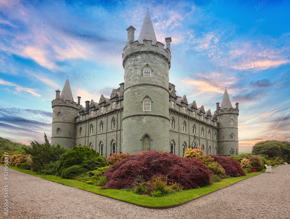 Scotland - Inveraray castle with flower garden, UK - obrazy, fototapety, plakaty 