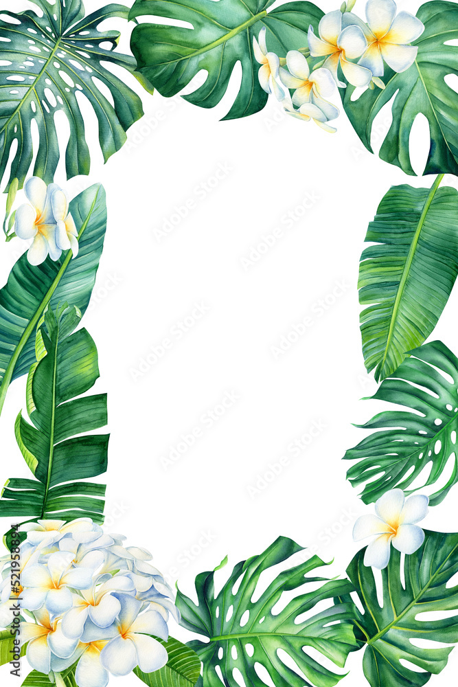 Frame from palm leaves and flowers on isolated white background ...