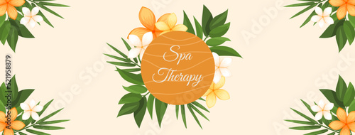 Spa salon facebook post template. Design horizontal banner with exotic flowers, tropical leaves. Spa therapy, health, natural, relax, beauty care cover vector illustration