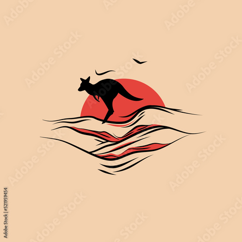 Australian landscape, black silhouette of a kangaroo against the background of the sun in the desert. Vector illustration