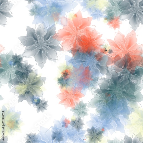 Blue, grey, red and yellow transparent flowers on the white background. Seaml...