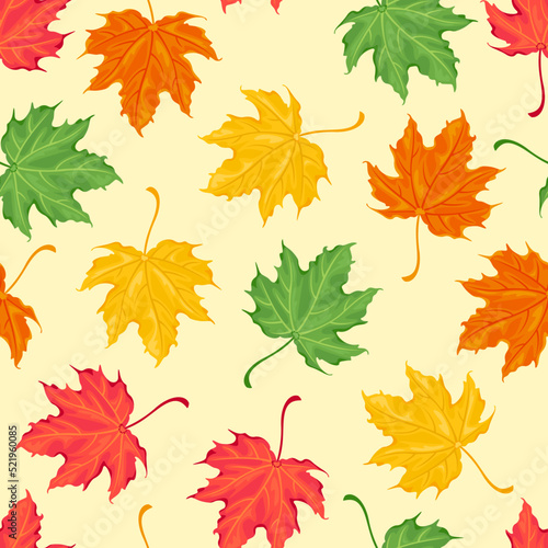 Autumn botanical background with colorful maple leaf on yellow. Falling leaves seamless pattern. Vector cartoon illustration of nature.