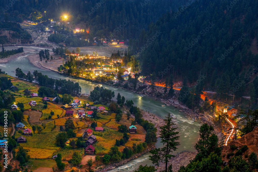 view of the mountain city in the night, night landscape  of mountain city in kashmir