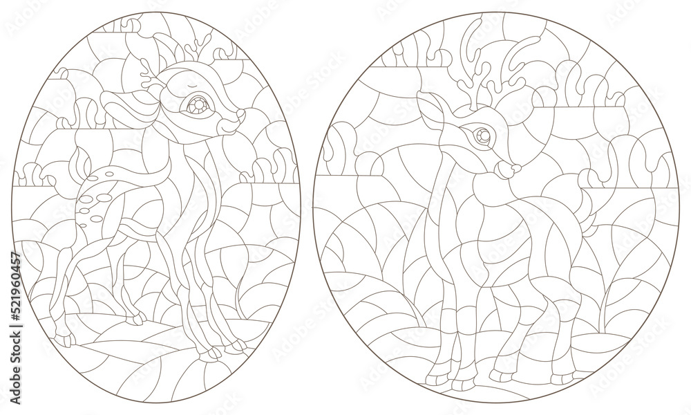 Set of contour illustrations of stained glass Windows with fawns on a background of meadows and sky, dark outlines on a white background