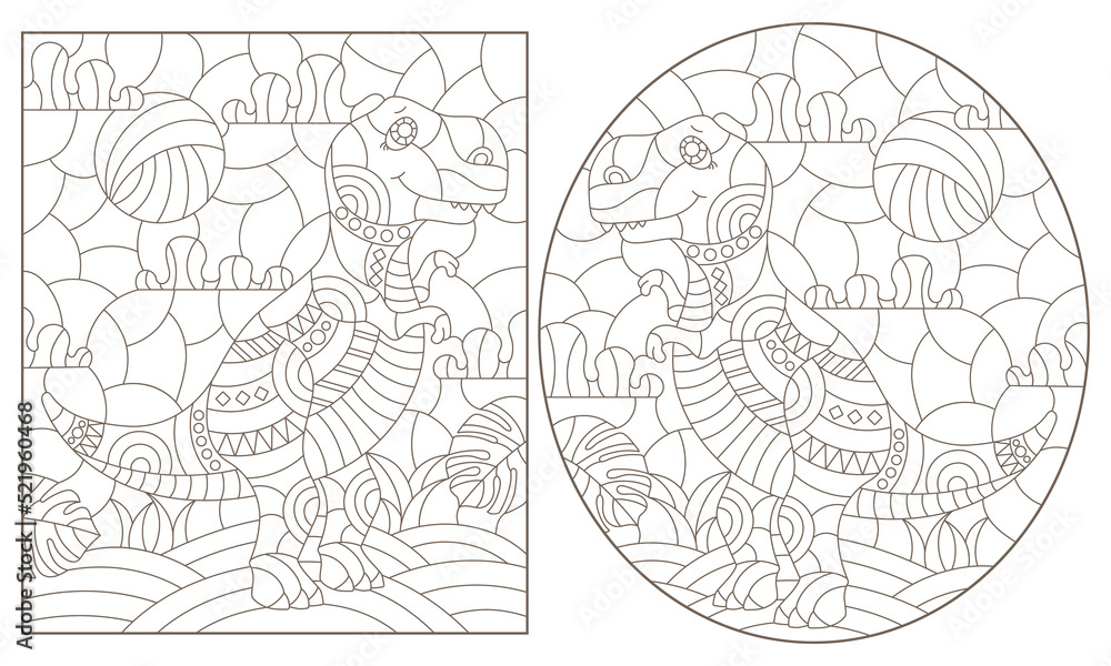 A set of contour illustrations in the style of stained glass with cute dinosaurs, dark contours on a white background A set of contour illustrations in the style of stained glass with cute dinosaurs, dark contours on a white background