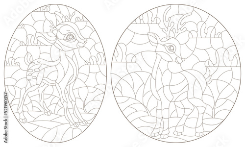 Set of contour illustrations of stained glass Windows with fawns on a background of meadows and sky, dark outlines on a white background