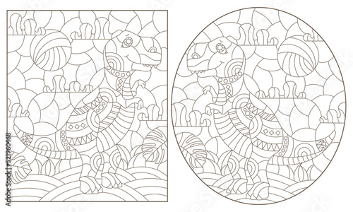 Wallpaper Mural A set of contour illustrations in the style of stained glass with cute dinosaurs, dark contours on a white background Torontodigital.ca
