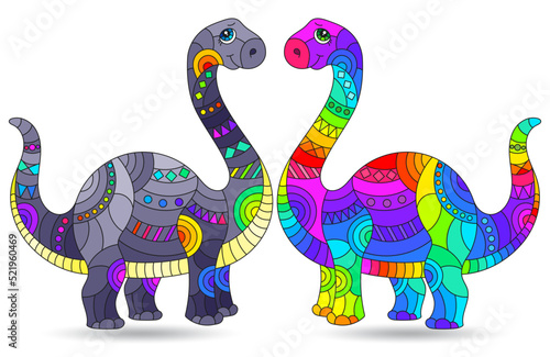 A set of illustrations in the style of stained glass with bright dinosaurs  animals isolated on a white background