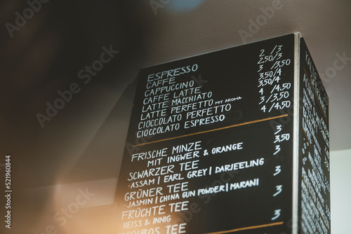 List of menu displayed on board in cafe photo
