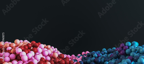 Abstract wide colorful bubbles on black background with mock up place for text and advertisement. Design and banner concept. 3D Rendering.