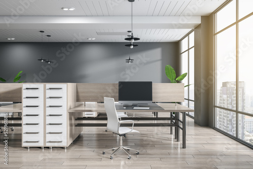 Clean coworking office interior with window and city view  wooden flooring and sunlight. 3D Rendering.