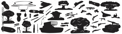Set of black silhouette weapon vector. Collection of pistols, guns, shotgun, katana, knife, military tank, aircraft, revolvers, nuclear, bomb explosion. Vector weapon and military aircraft set.