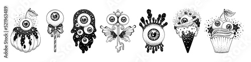 Zombie eyeball set. Vintage candy Halloween vector. Ice cream lollipop pumpkin cookie eye cake ghost. Trick or treat retro horror icon. Surreal 70s psychedelic illustration. Spooky food cartoon tattoo