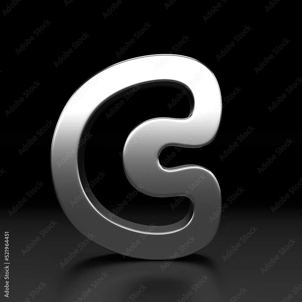 Metallic alphabet of letter C. Typography silver font. Volumetric alphabet design. Night show alphabet. 3d Rendering isolated on black background. Metallic alphabet of letter C. Typography silver font. Volumetric alphabet design. Night show alphabet. 3d Rendering isolated on black background.