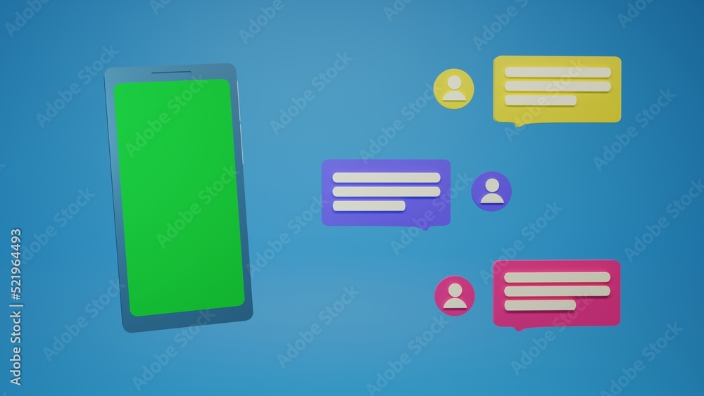 Phone with green screen on blue background. Next to bubbles of text messages in chat. Phone with green screen on blue background. Next to bubbles of text messages in chat.