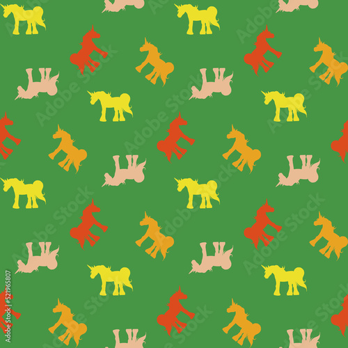 Seamless pattern with yellow and orange unicorns on green background. Vector image. © Asahihana