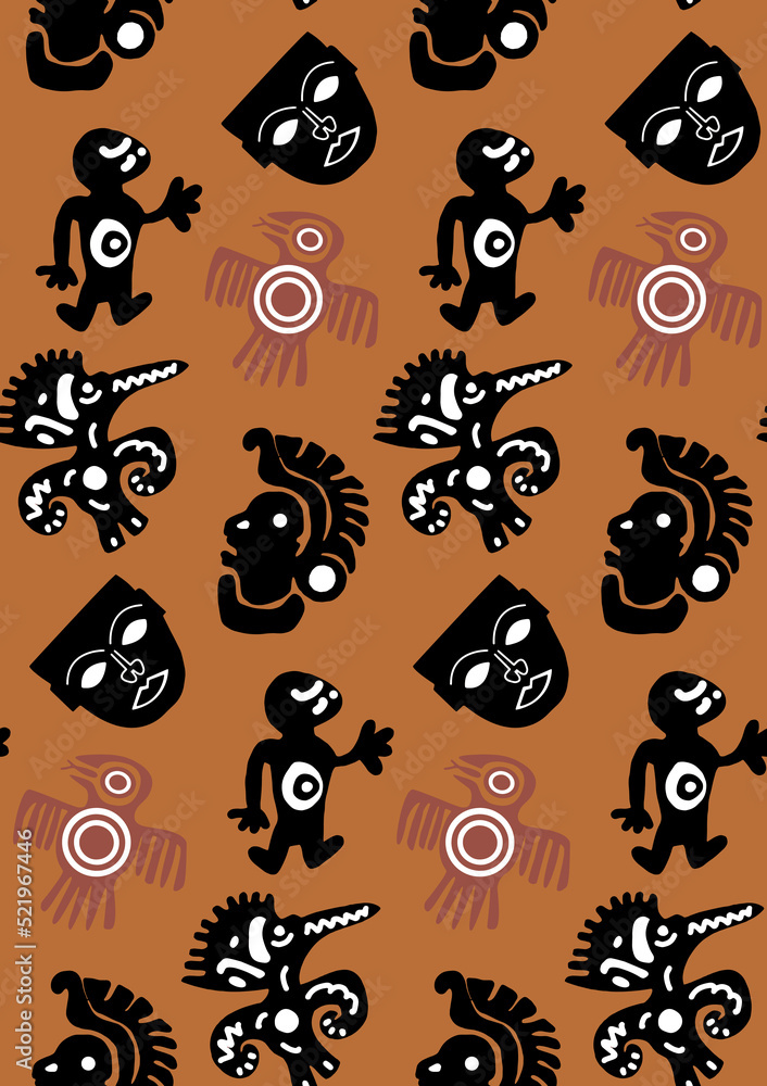 Fototapeta premium Abstract Hand Drawing Ethnic Mayan Aztec Masks Birds Ancient Shapes Icons Symbols Seamless Vector Pattern Isolated Background