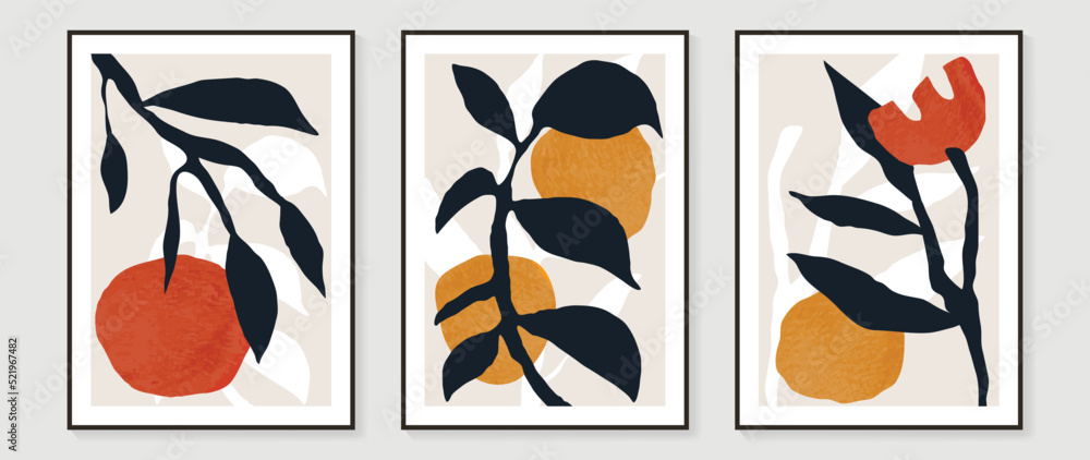 Set of abstract wall art vector background. Wall decor design with black color, leaf branch, fruits. Abstract watercolor painting for wall decoration, interior, prints, cover, and postcard.