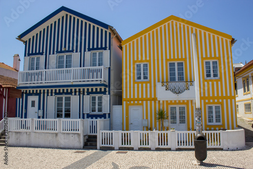 Colorful houses with stripes in Costa Nova, Aveiro, Portugal
