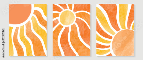 Set of abstract wall art vector background. Wall decor design with orange color, sunshine, sun ray, sunset. Abstract watercolor painting for wall decoration, interior, prints, cover, and postcard.