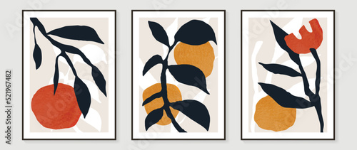 Set of abstract wall art vector background. Wall decor design with black color, leaf branch, fruits. Abstract watercolor painting for wall decoration, interior, prints, cover, and postcard.